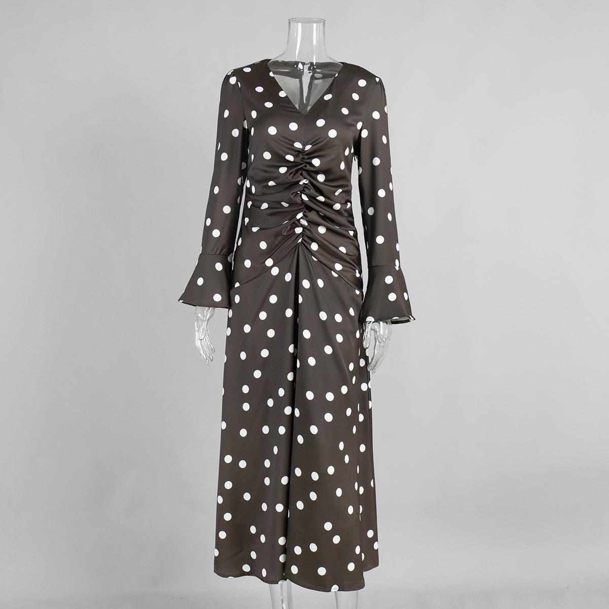 

Summer New Women s Polka Dot Long Sleeve Dress, European & American Style Smocked V-neck Flare Sleeve Waist Cinched Midi Dress S коричневый