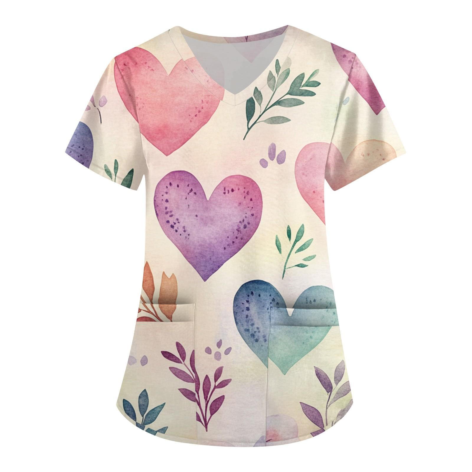 

Женская модная рабочая одежда с V-образным вырезом, короткими рукавами и карманами, с принтом ко Дню святого Валентина L бежевый