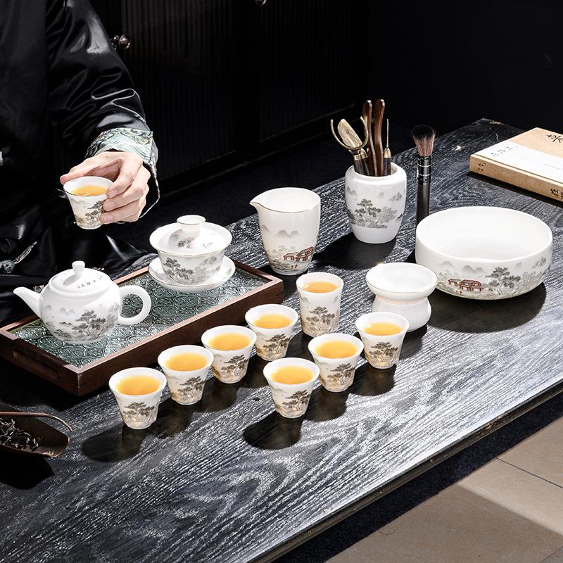 Intangible Cultural Heritage Ceramic Tea Set 16 Head Suet Jade Porcelain Large Set Ink Landscape Kung Fu Teacup Teapot Cover Bowl