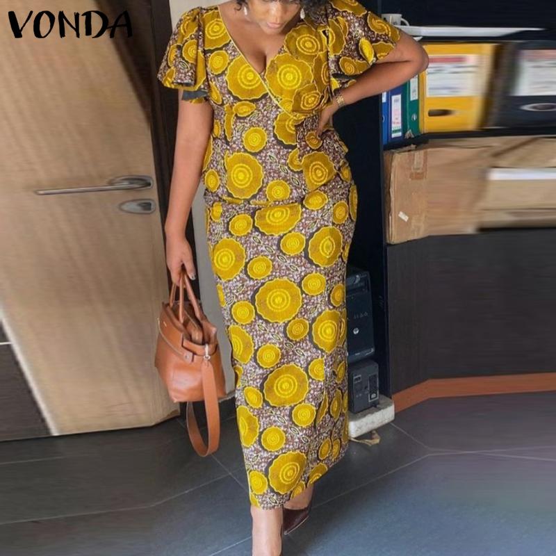 

VONDA женский летний свободный топ большого размера с v-образным вырезом и листом лотоса с короткими рукавами и геометрическим принтом, длинная юбка, комплект из двух предметов