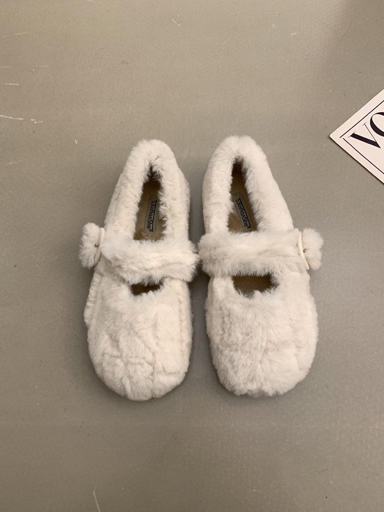 2025 Autumn and Winter New Mink Hair Shoes Women's Casual Wear with Soft Soles Mary Jane Doudou Shoes Cotton Shoes