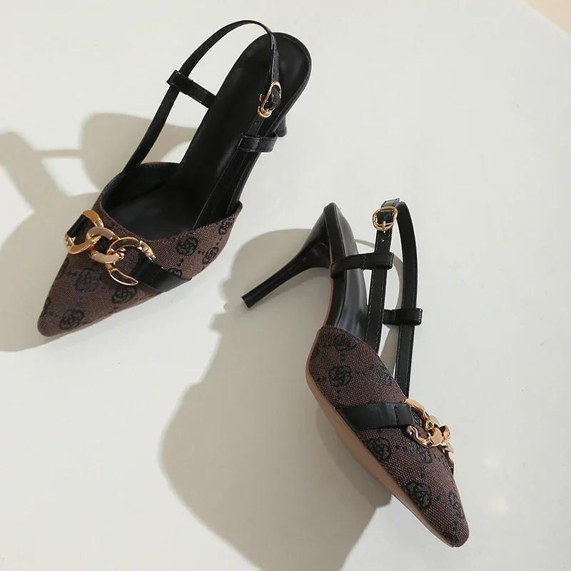 Fashion Buckle Strap Design High Heels Sandals for Women Flower Embroidery Stiletto Heel Party Shoes Woman Metal Chain Pointed Toe Pumps
