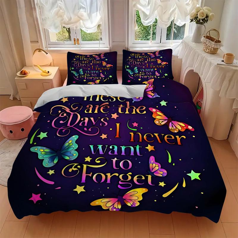 3-teiliges Buntes Schmetterlings-Ideen-Patchwork-Set Cartoon-Thema Bett-Patchwork-Set Süßes Charakter-Schlafzimmer-Dekoration Bett-Patchwork-Set Vier Jahreszeiten (1 Decke + 2 Kissen