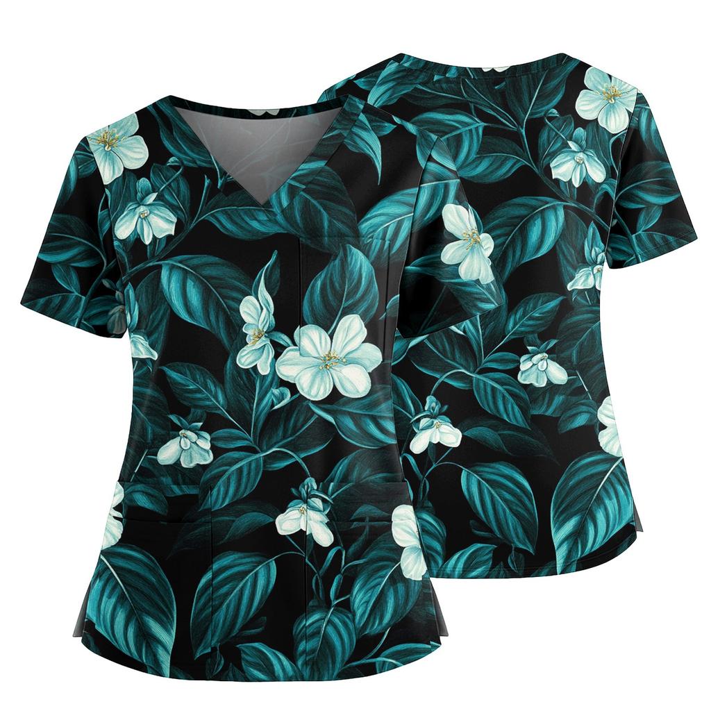 Damen Casual Bedrucktes V-Ausschnitt Taschen Seitennaht Schlitz Kurzarm Top