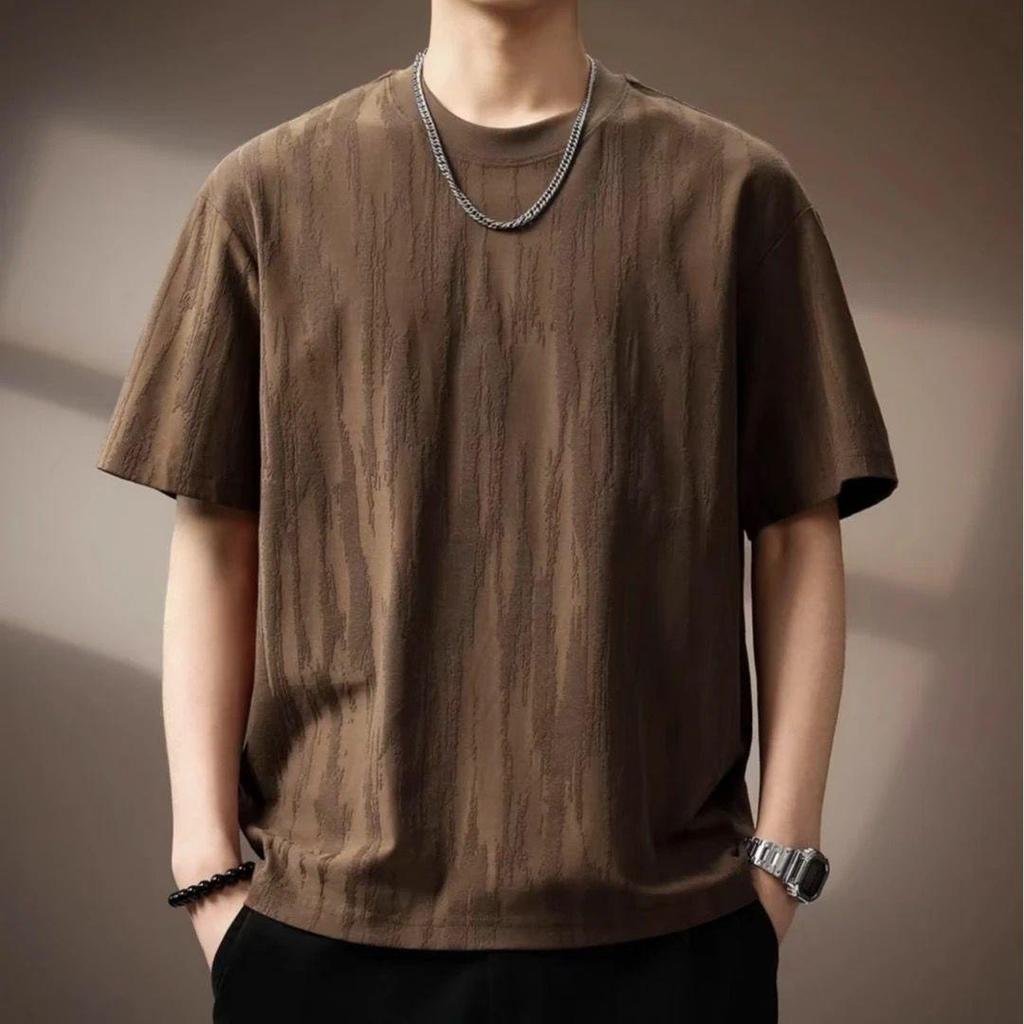 Men's Brown Textured Oversized Short-Sleeve T-Shirt Casual Loose-Fit Solid Color Comfortable Daily Top