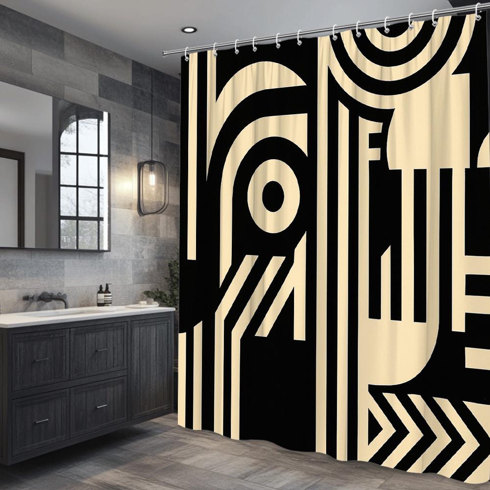 Geometric Art Shower Curtain Black White Abstract Pattern Modern Design Bold Lines Minimalist Bathroom Decor Waterproof
