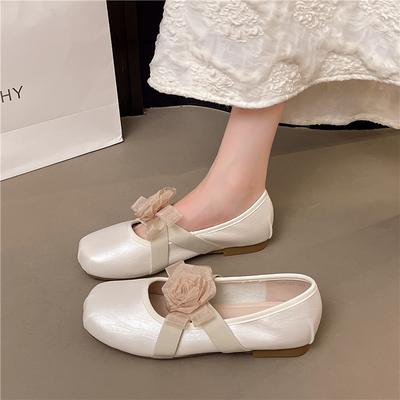 2025 New High Quality Comfortable Soft Leather Women Flats Elegant Silk Flower Ballerina Shoes Band Loafers Floral Shoes