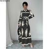 MODIQUE 2025 Spring New Women's Elegant Print Lapel Elastic Waist Belt Long Dress Ladies Casual A-Line Long Sleeve Dress