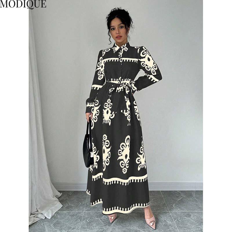 MODIQUE 2025 Spring New Women's Elegant Print Lapel Elastic Waist Belt Long Dress Ladies Casual A-Line Long Sleeve Dress