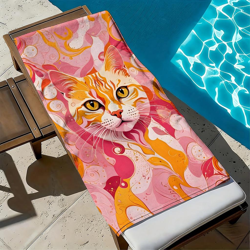 Abstract fluid pattern of a cartoon cat polyester microfiber beach towel highly absorbent, suitable for swimming beach outings