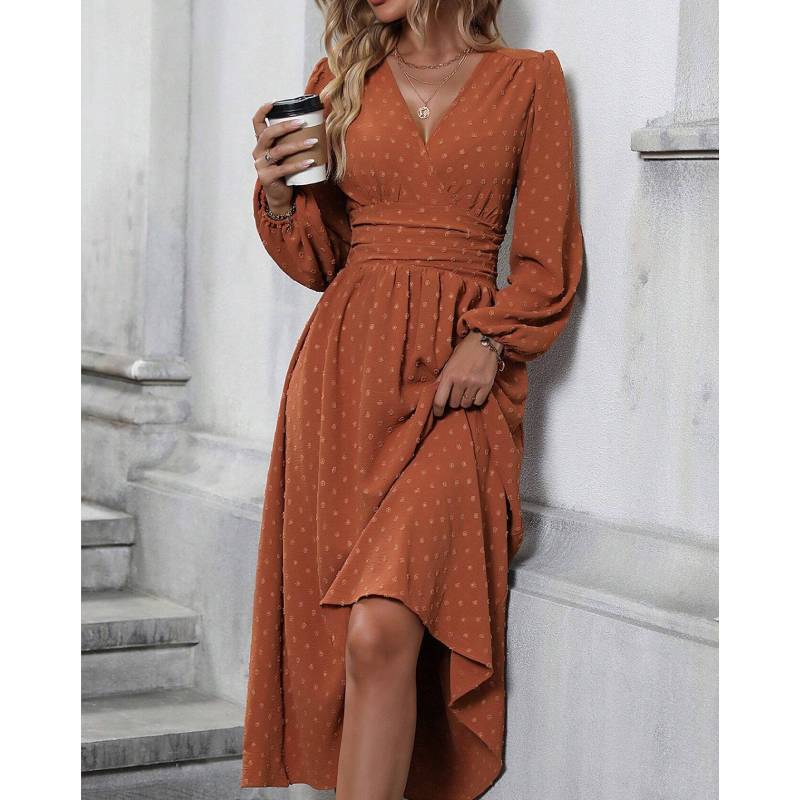 Polyester V Neck Lantern Sleeve Pleated A Line Dress For Autumn Winter Fashion