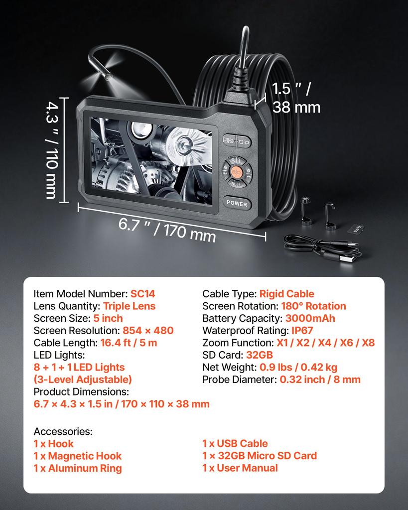 VEVOR Triple Lens Endoscope with Light, 5" HD IPS Screen Industrial Borescope Camera, 1280 X 720 Lens, 8 + 2 LEDs, 8X Zoom
