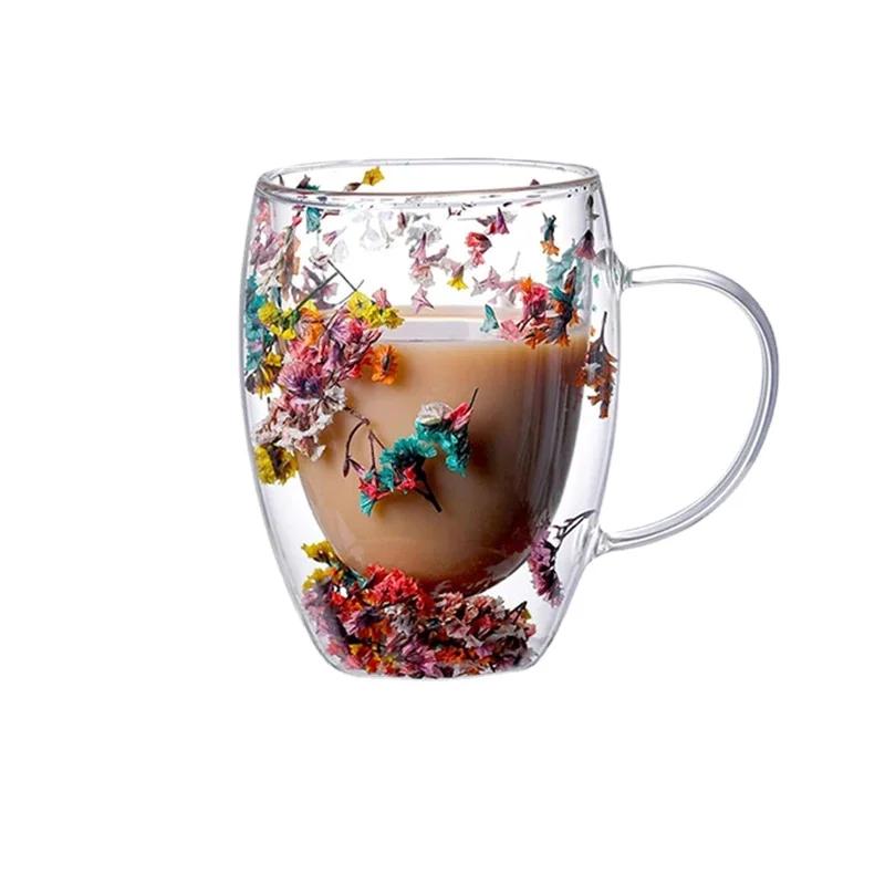 Fillings Dry Flowers Double Wall Glass Cup With Handle Heat Resistant Tea Coffee Cups Espresso Milk Mug Creative Gift