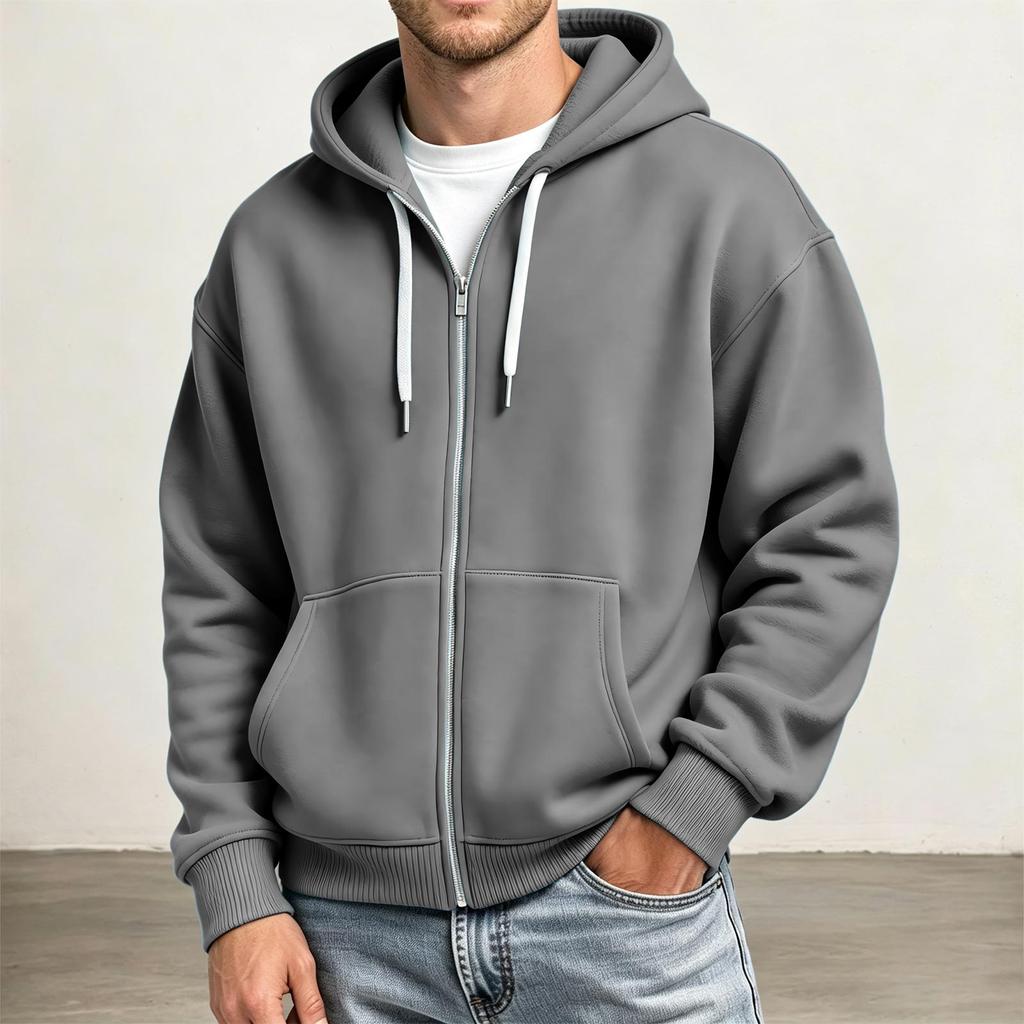 Men's Full Zip Hoodie Drop Shoulder Sleeves, Casual Long Sleeve Sweatshirt for Everyday Wear