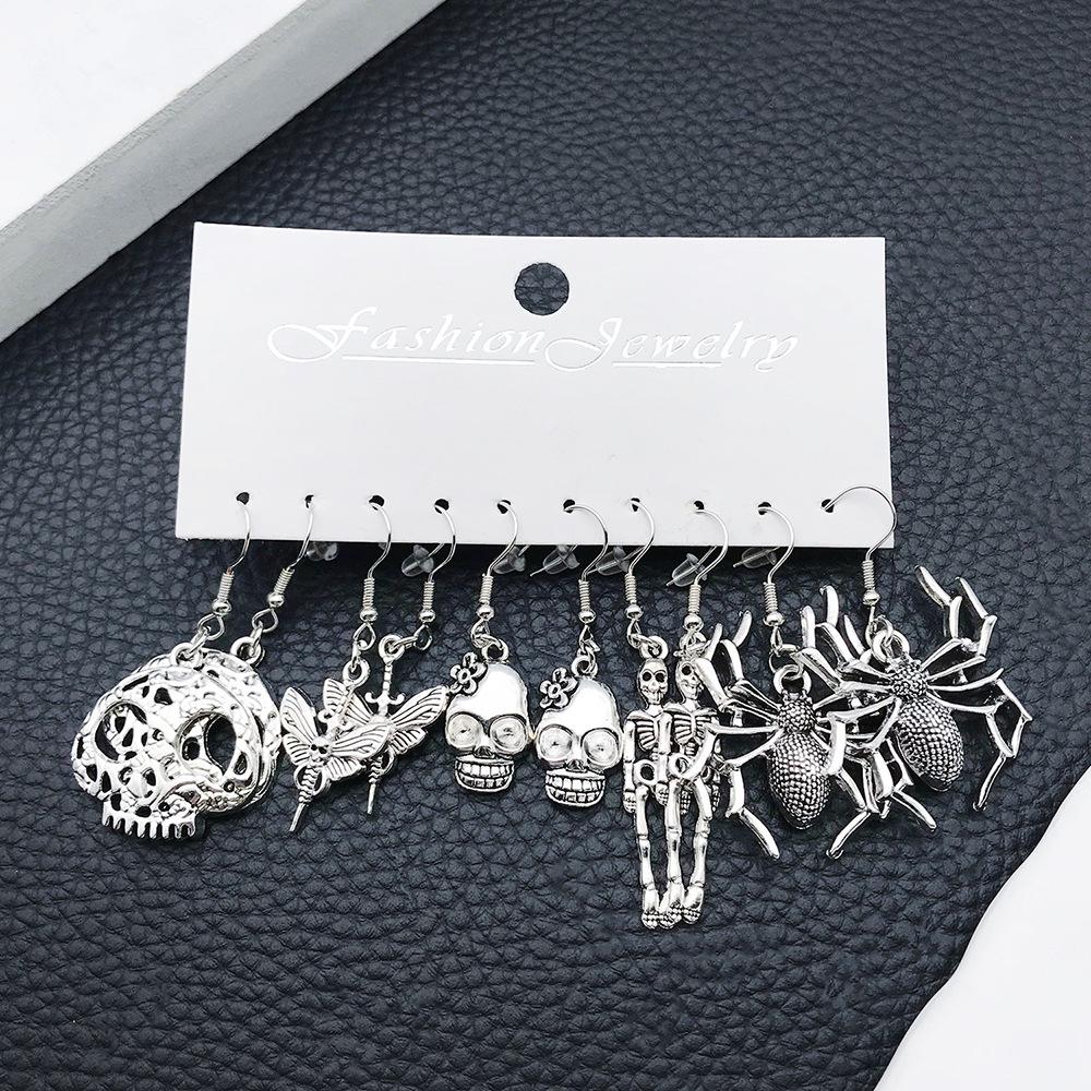 Antique Silver Skull & Spider Moth Pendant Earrings Set - 5 Pairs for Men & Women