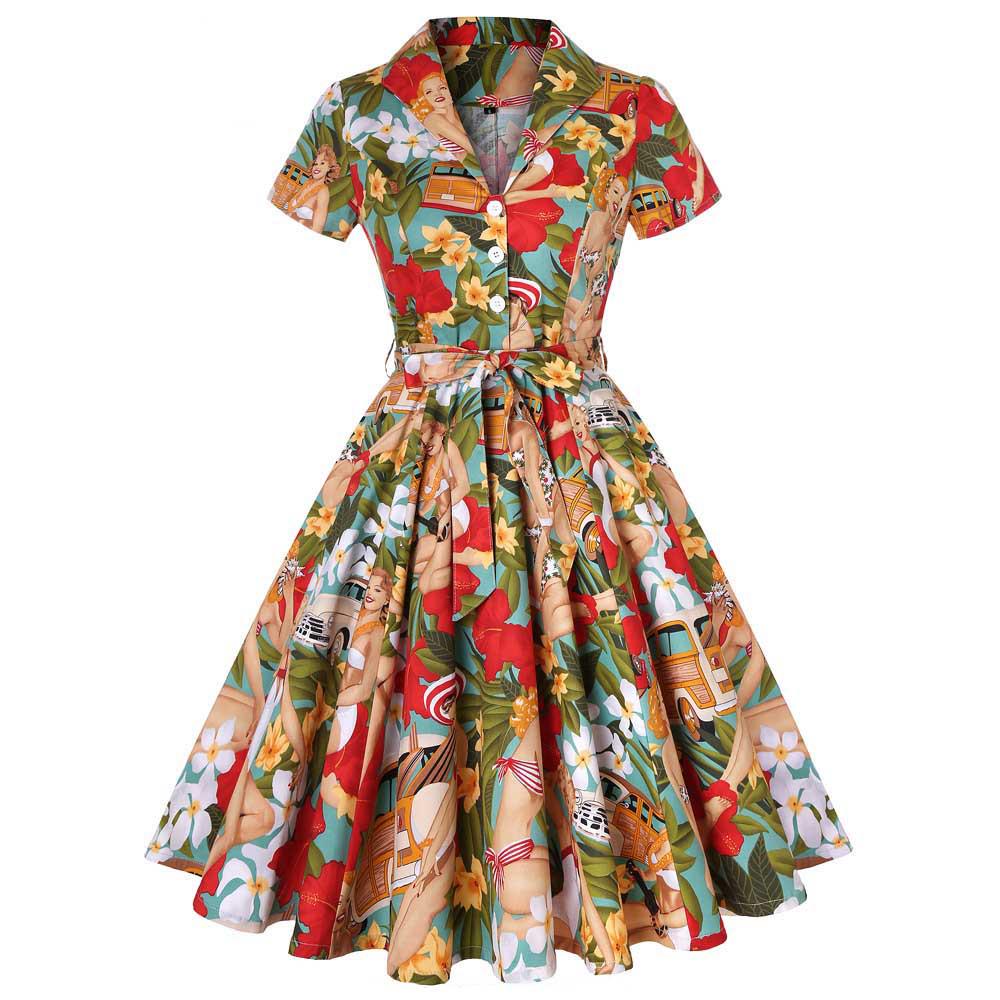 Hepburn-Inspired Floral Tie-Waist Dress with Lapel and Belt
