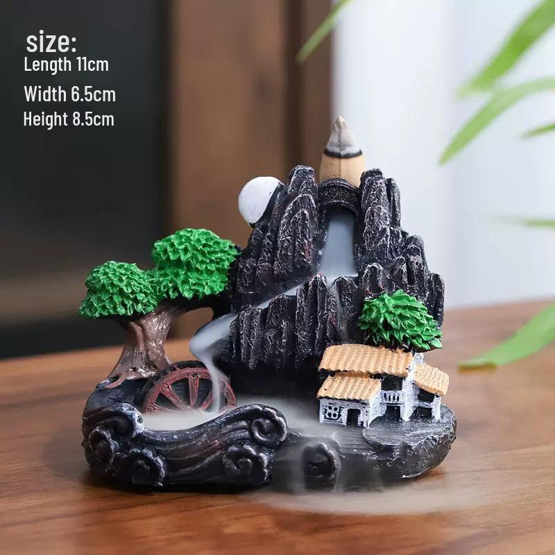 Creative Resin Backflow Incense Burner with High Mountain Flowing Water and Clouds Aromatherapy