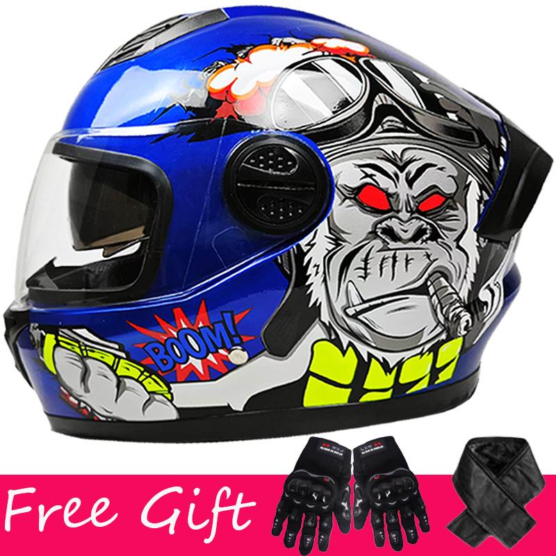 Gloves + Scarf, Double Lens Full-coverage Helmet for Men and Women Riding Four-season Safety Helmet