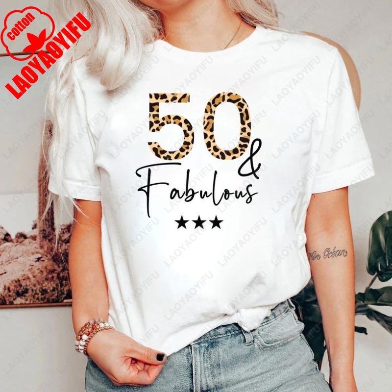 Mothers Day Mama Leopard Tshirt for Woman 50th Fabulous Bithday Age Perfect Gift Classics Aesthetic Tops Cool Cotton Cute Tee