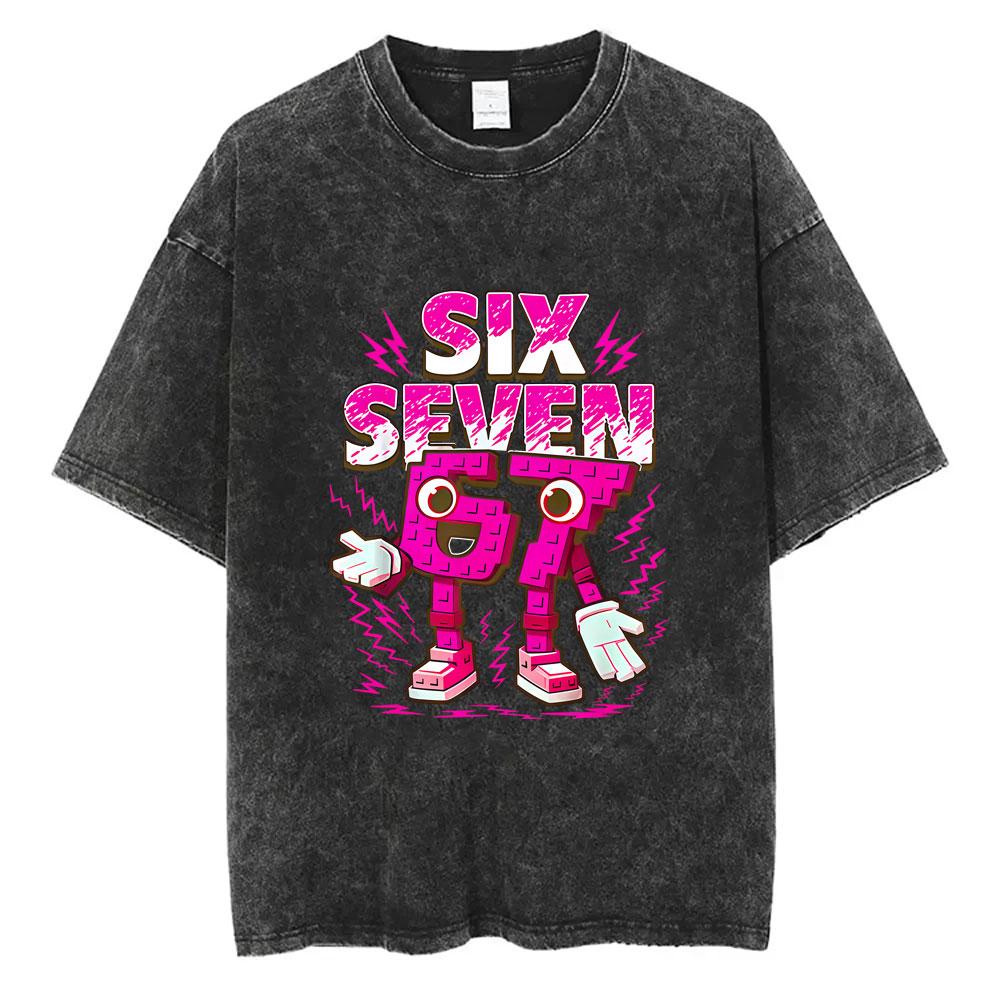 Funny Italian Brainrot Vintage Washed Tshirt Six Seven Number Tshirt Men Women Casual Oversized Streetwear Male Casual Tees
