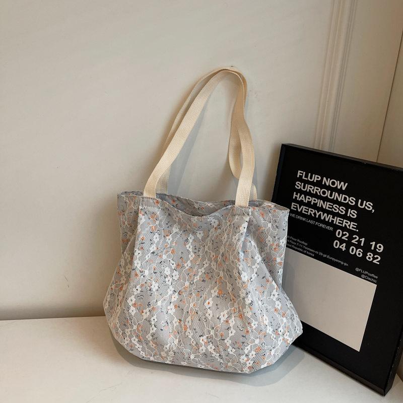 Tote Bag Large Capacity Lace Literary Plaid Floral Simple Women Portable Storage Bag Shoulder Bag