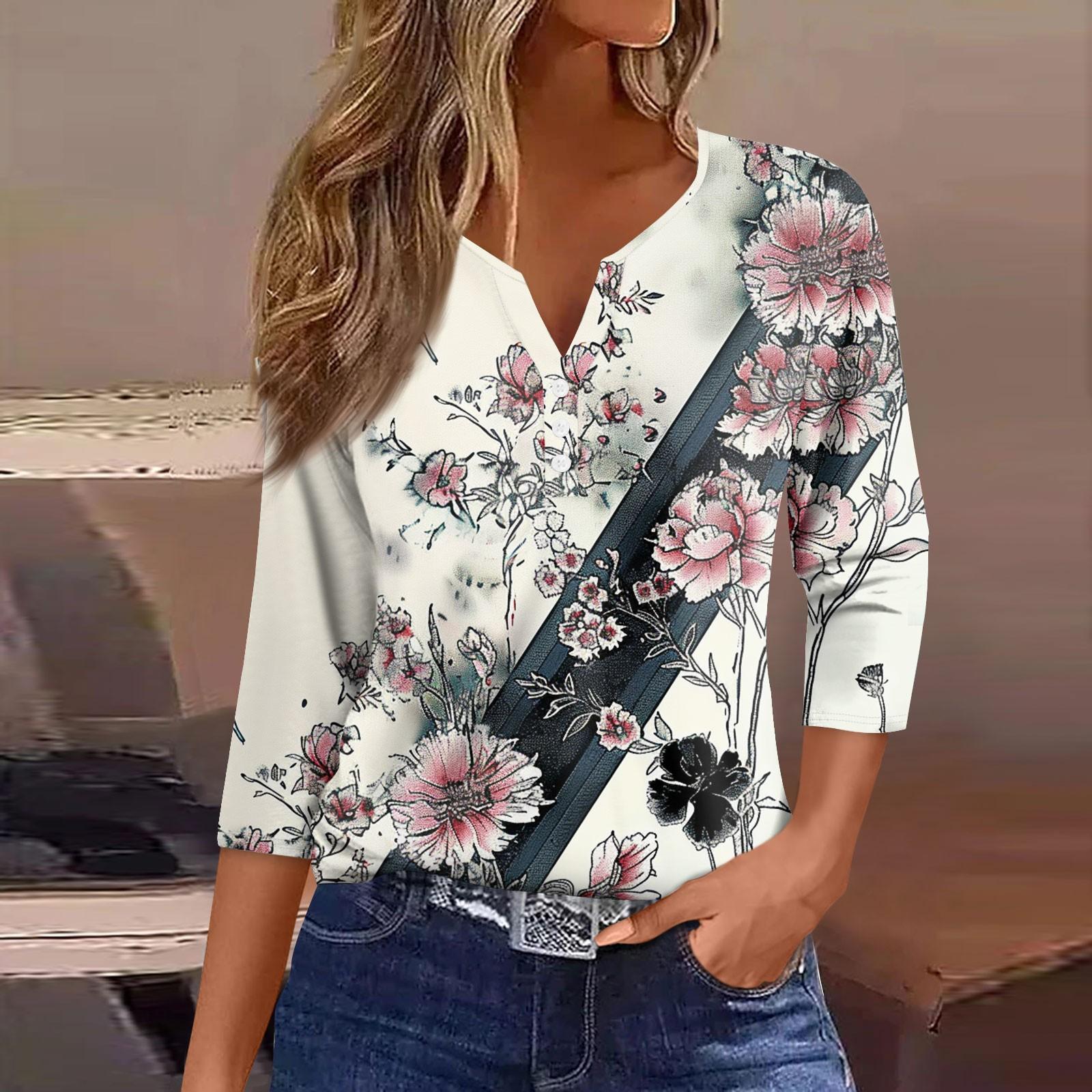 Жен. Футболка Футболка С принтом Пуговицы Рукав 3/4 Повседневные Выходные Мода — фото 8