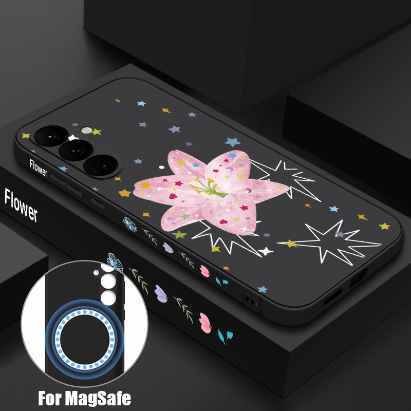 

Pink Lily Flower Print Case For Samsung Galaxy S26 S25 Ultra S24 S23 FE S22 Plus S21 Built-in Metal Plate Magnetic Silicone Cover Samsung S25 чёрный