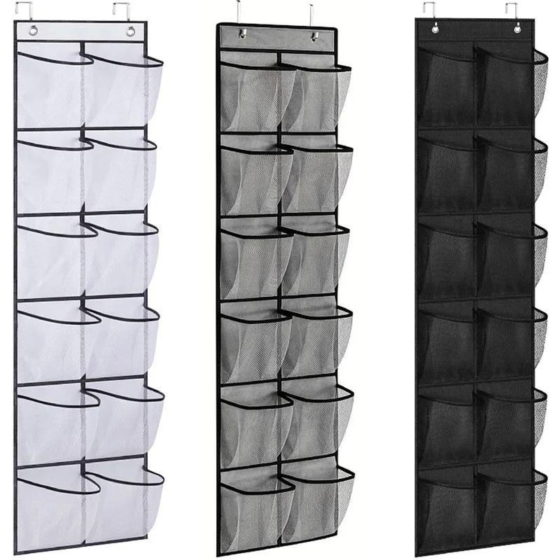 12 Pockets Over the Door Shoe Organizer Large Mesh Pockets With 2 Hooks Transparent Fabric Shoe Rack Storage Bag For Bedroom