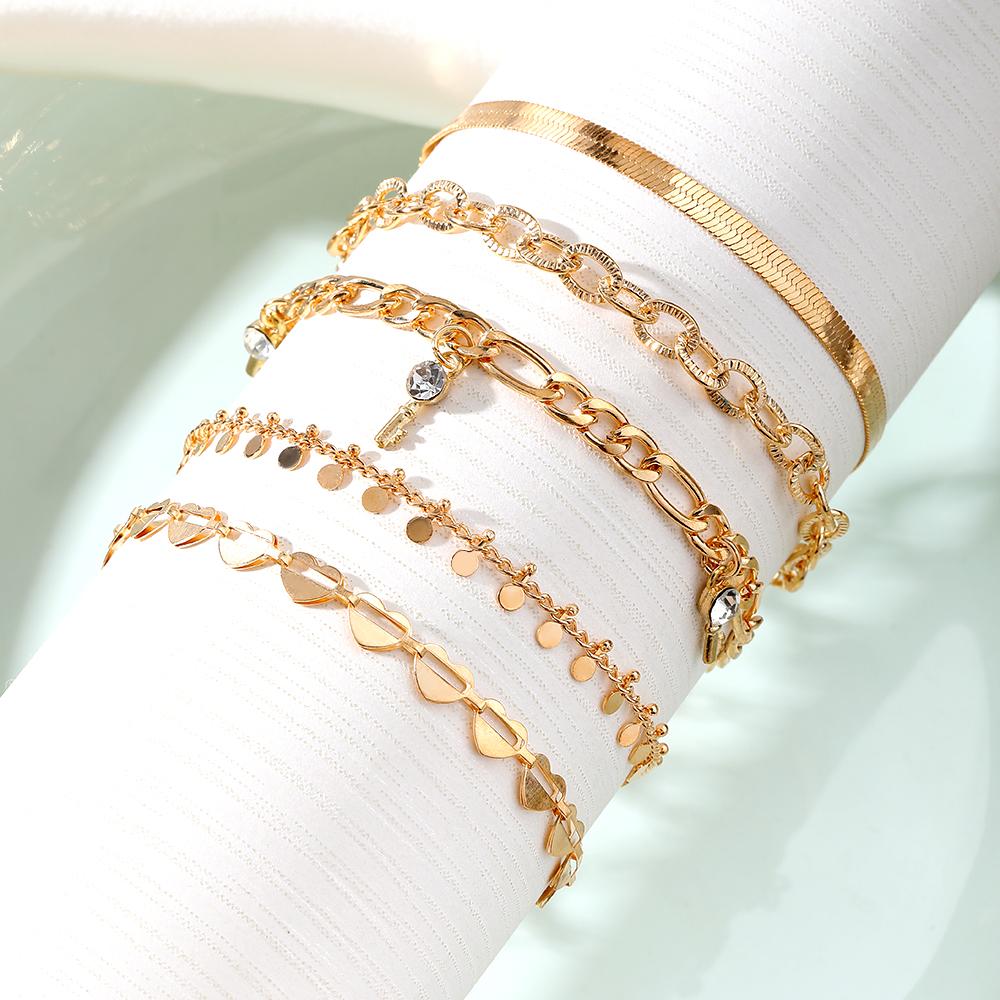Snake Chain Love Diamond Anklet 5 Piece Gold Artificial Diamond Pendant Love Hollowed Out Lock Chain Snakebone Chain Girls Bracelet Anklet Accessories