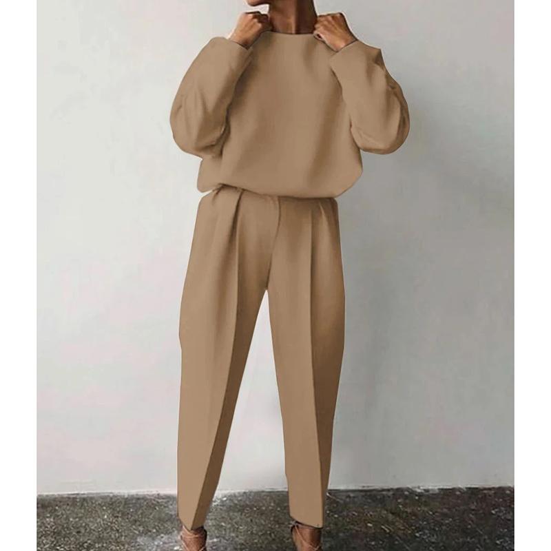 Kobiety eleganckie solidne zestawy 2-częściowe Casual O-Neck pulowerowe topy długie spodnie garnitur moda damska luźne stroje Streetwear