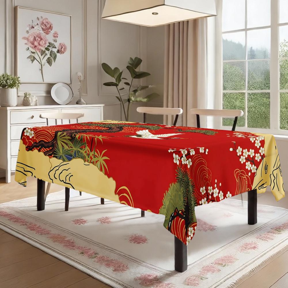 Japanese Style Crane Pine Tree Rectangle Table Cloth for Table Decor Party Waterproof Reusable Tablecloth for Kitchen Dining