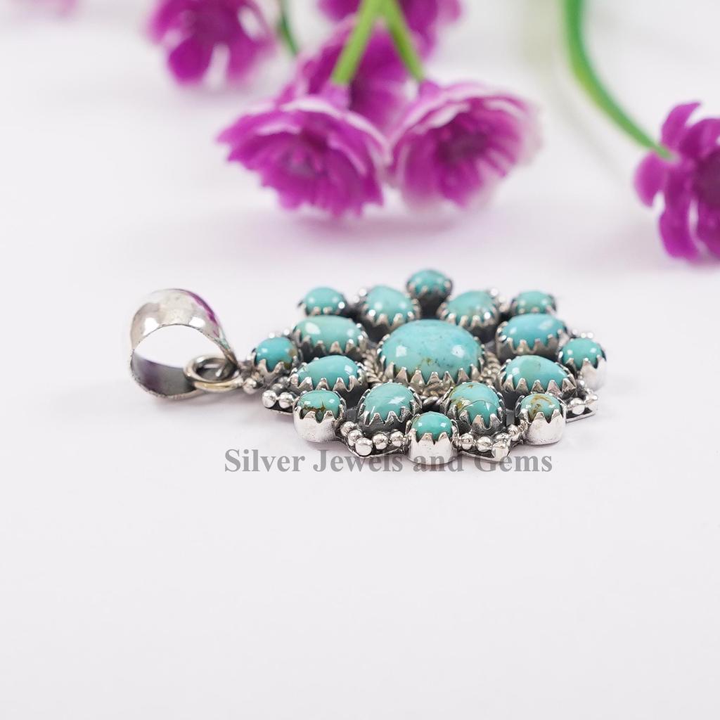 Kingman Turquoise Cluster Pendant, 925 Sterling Silver Pendant, Natural Turquoise Pendant-Multi Stone Pendant, Birthday Pendant