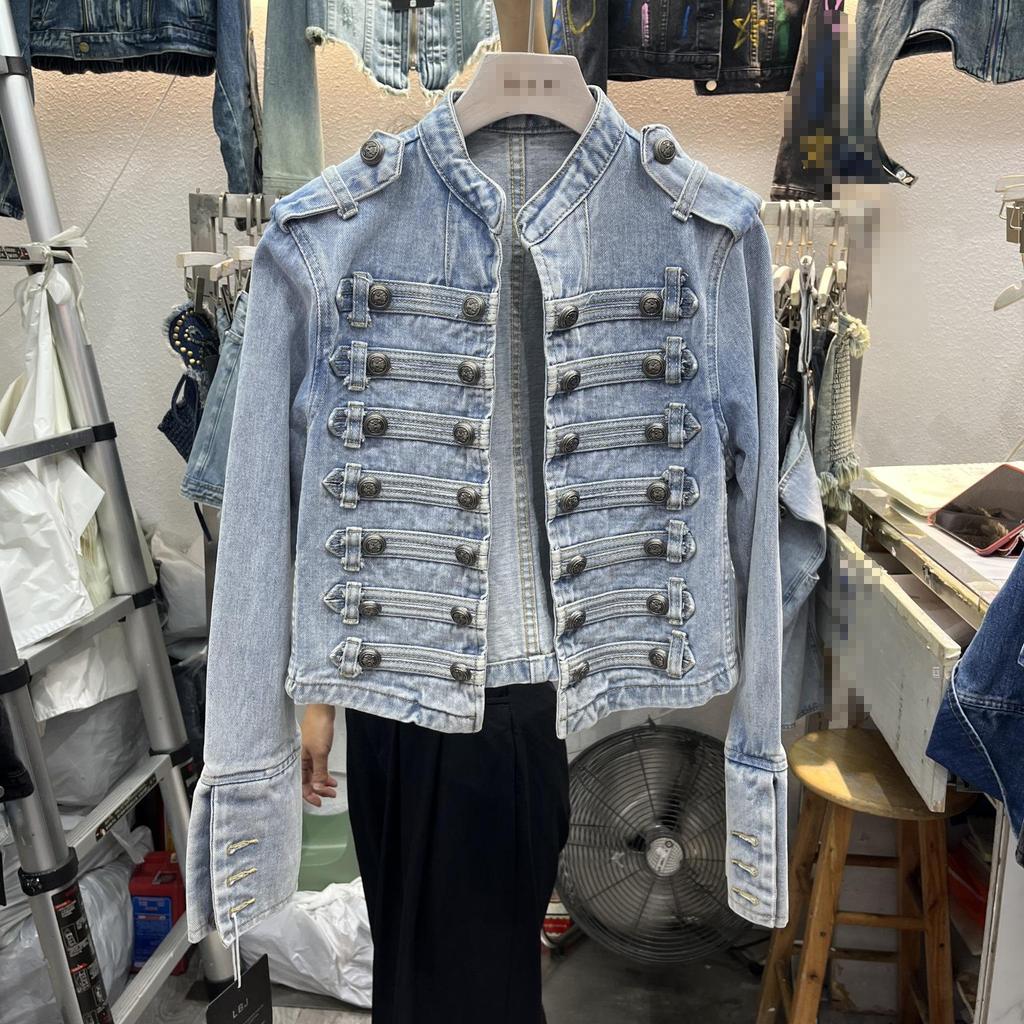 "European Retro Palace-Style Button-Down Long-Sleeve Denim Jacket - Spring/Autumn 2025 Fashion with Stand-Up Collar"