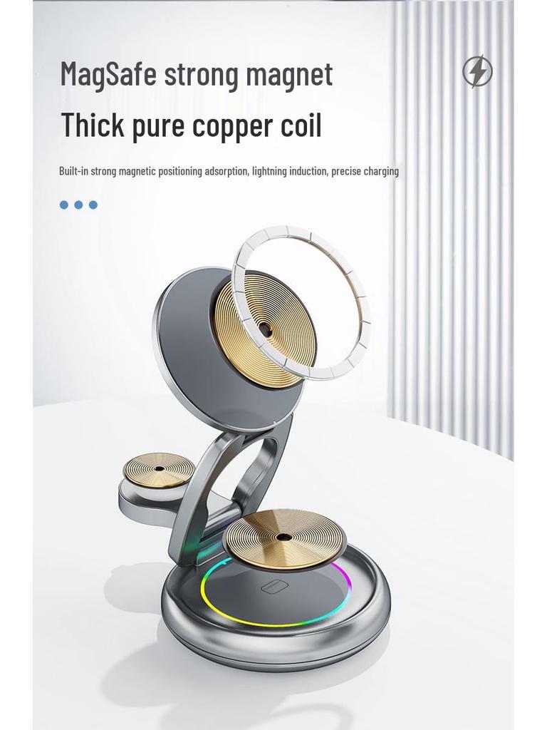 15W 3-in-1 Foldable Magnetic Wireless Charger Stand for Apple Watch, Earphones, and Phone