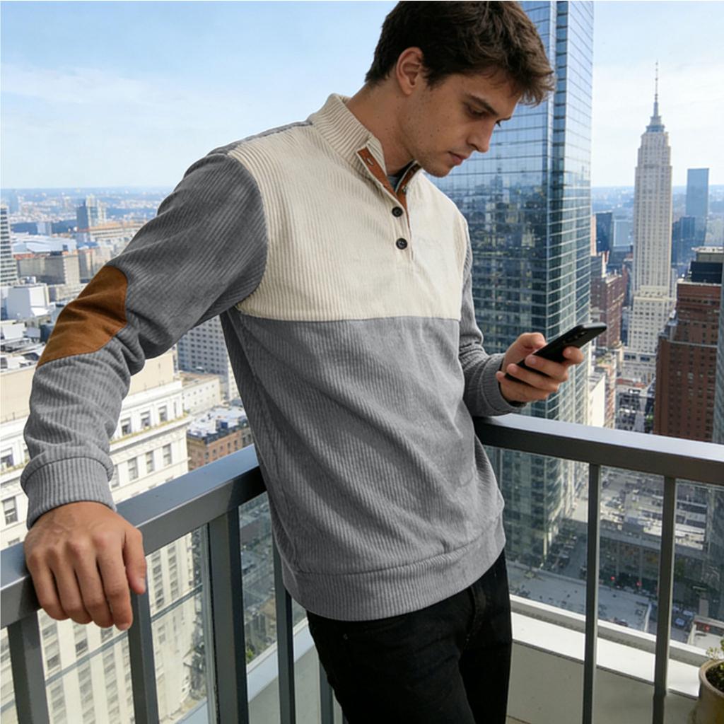 New Men's Corduroy Patchwork Contrast Collar Oversized Long-Sleeved Knitted Sweatshirt