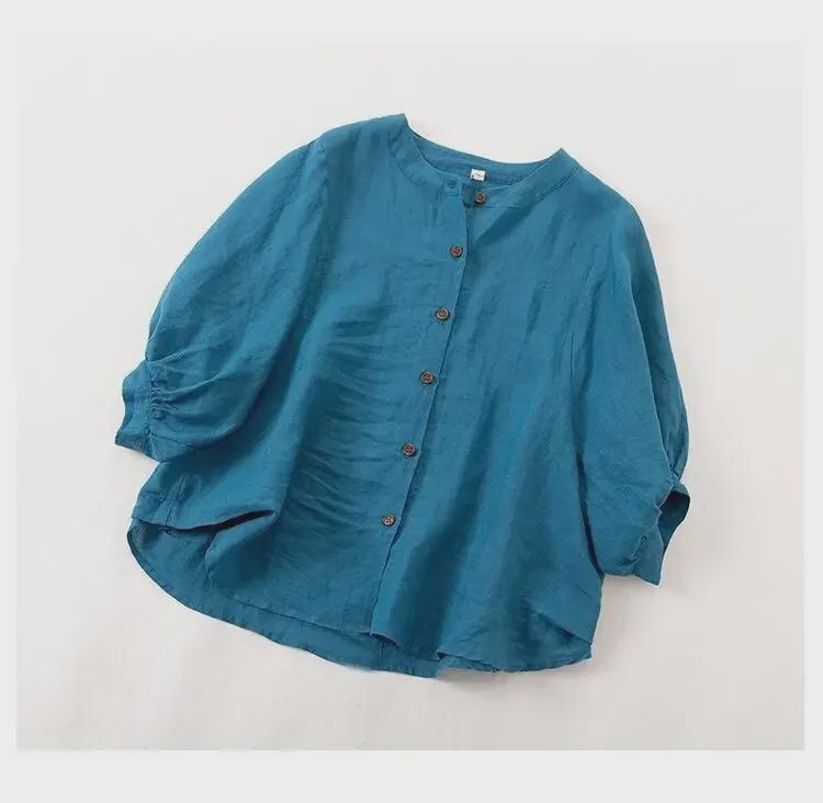 Dámský retro top s lucernovými rukávy z bavlny a lnu, volný střih, středně dlouhý rukáv, jaro/léto 2025