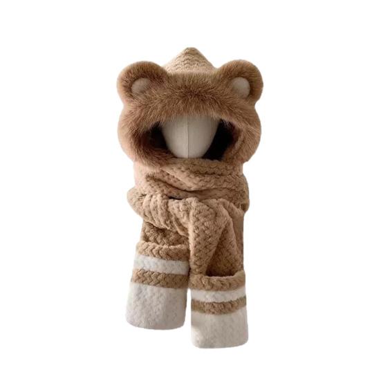 3 in 1 Hat Scarf Gloves Set Bear Ear Decor Thickened Plush Winter Hat Matching Scarf Gloves Function Cold Weather Outfit