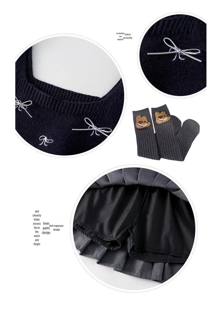 Girls' Autumn 2025 Academy Style: Bowknot Vest, Knit Vest & Pleated Skirt Set