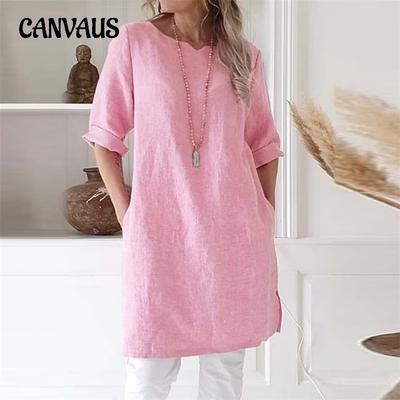 Women's Summer Crew-neck T-shirt Loose Seven-point Sleeve Top Comfortable Casual Solid Color A-line Dress