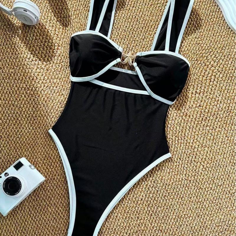 Womens Solid Color High-Waisted One-Piece Swimsuit With Cutout Detail Wire-Free Padded Bra Support