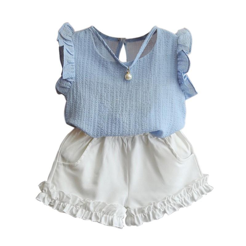 

Summer Baby Girls Clothes Casual Pearl Sleeveless Chiffon Blouse + Shorts Suits Kids 2pc Sets S синий