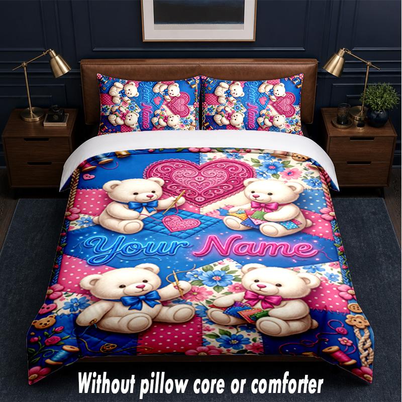Set Biancheria da Letto a Tema Orsacchiotto con Testo o Nome Personalizzato, 3 Pezzi, 1 Lenzuolo Sotto con Angoli & 2 Federe, Biancheria da Letto Personalizzata per la Casa