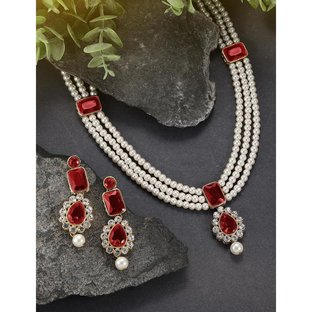 Crystal Faux Pearl Kundan Necklace & Jewellery Set Gift for Women
