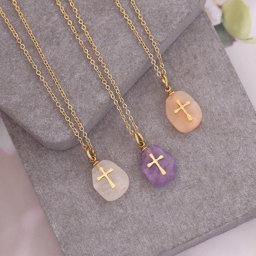 Healing Stone Labradorite Amethyst Crystal Quartz Pendant with Golden Cross Charms Necklaces Choker for Gifts