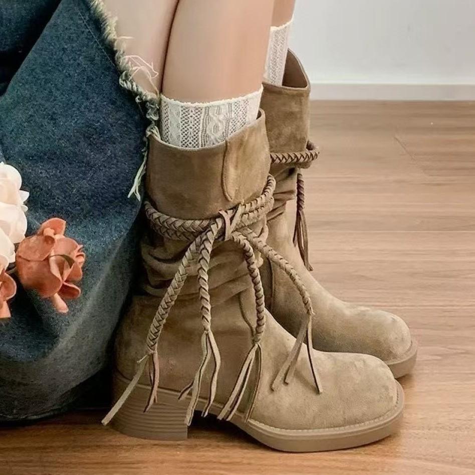 Autumn and winter new retro fringed thick heel short boots suede round head stacking boots medium heel women's boots