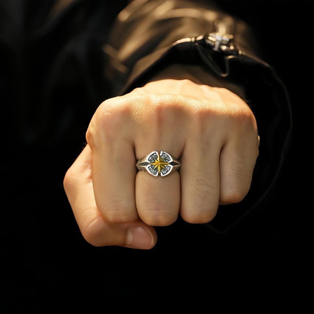 Retro Polaris North Star Adjustable Open Ring For Men Punk Gothic Edgy Copper Zircon Unisex Accessories Good Fortune Love Gift