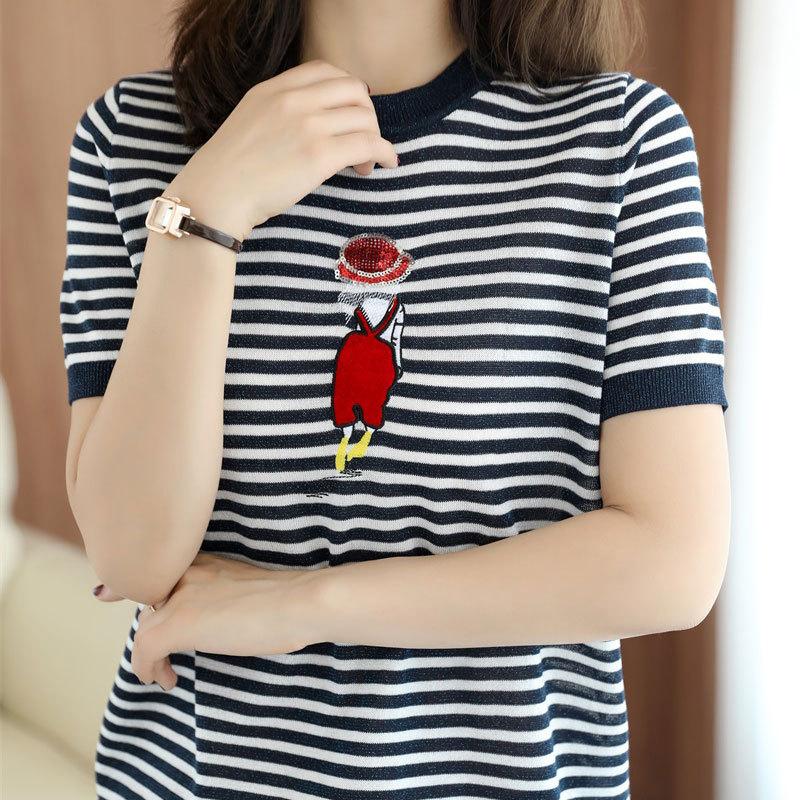 Gestreiftes besticktes Rundhals-T-Shirt aus mercerisierter Baumwolle für Damen Sommer Baumwollgarn Kontrast Strickpullover Kurzärmeliges Top