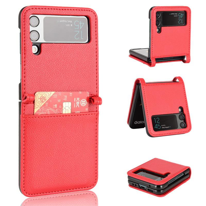 Applicable To Samsung Z Flip4 Folding Screen Mobile Phone Case Card Wallet ZFlip3 Mobile Phone Leather Case One-piece Lychee Pattern