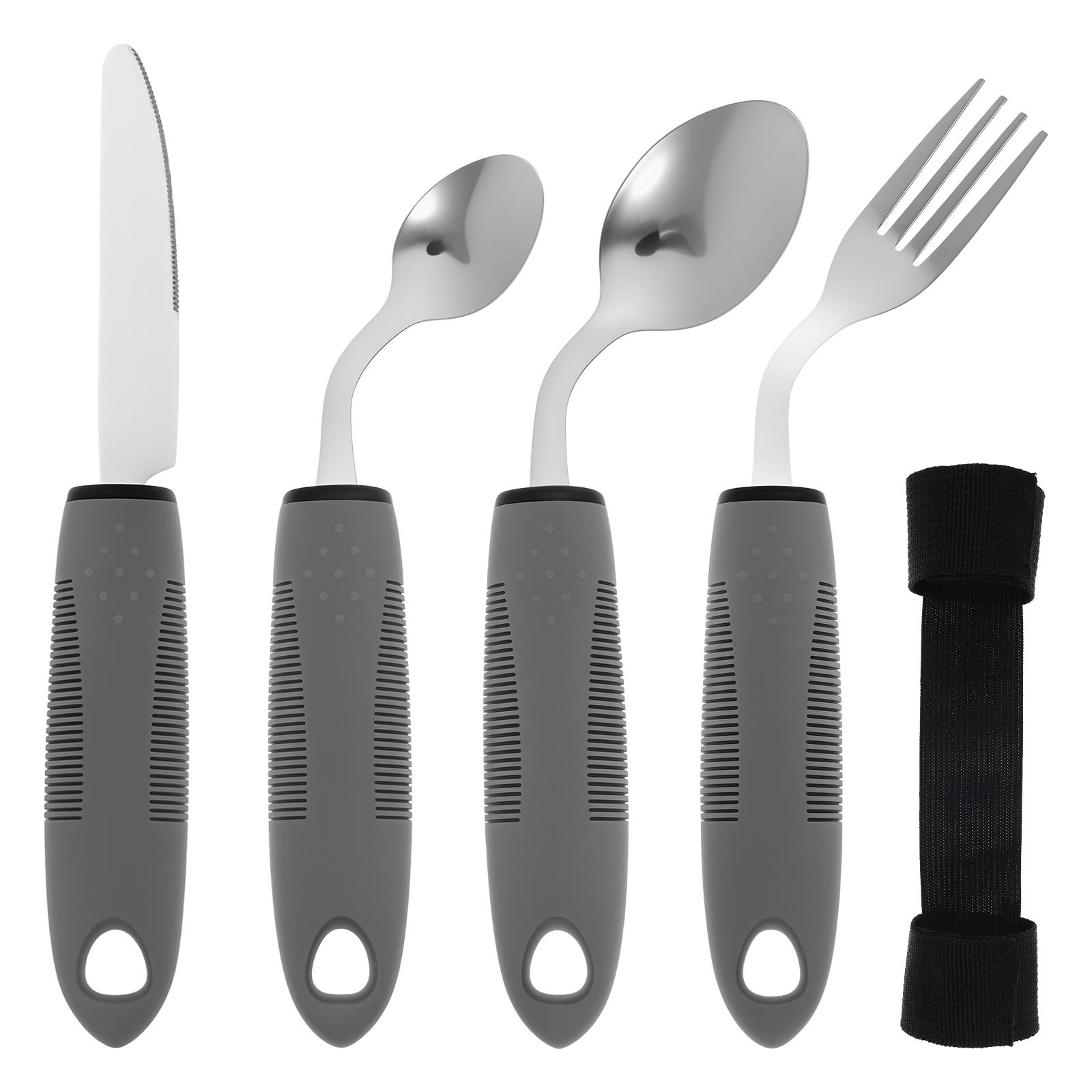 

Adaptive Utensil Set with Easy Grip Textured Handle Angled Built Up Utensil Knife Fork Spoon for Hand Tremors Arthritis Elderly