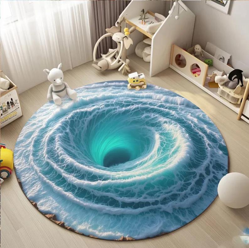 3D Rug Ocean Vortex Rug Deep Sea Hole Carpet Whirlpool Illusion Mat Round Depth Rug Optical Floor Art Sea Abyss Rug Blue Swirl